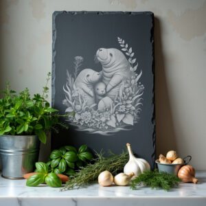 Slate Cheese Board Laser Engraving File, Manatee Trio,