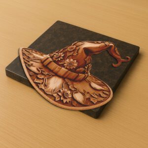 3D Illusion Halloween Witch Hat, Ornate Wooden Laser