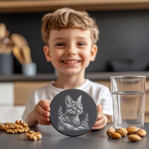 Cat Engraving Design for Slate Coaster, PNG File,