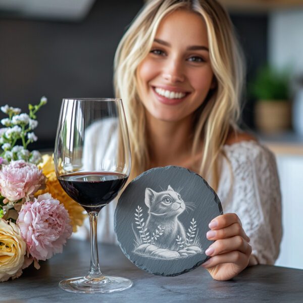 Cat in Grass Slate Coaster Laser Engraving PNG,