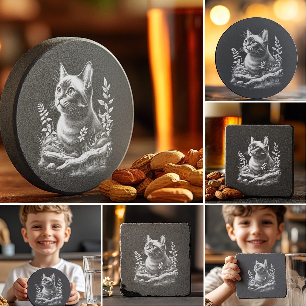 Cat Slate Coaster Laser Engraving Design Bundle, 6