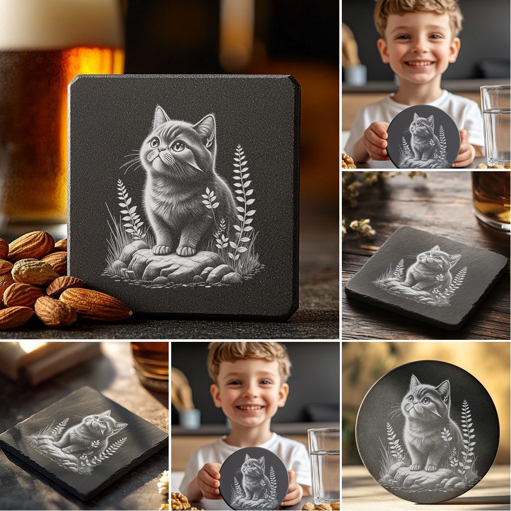 Cute Cat Slate Coaster Engraving Designs Bundle, Digital