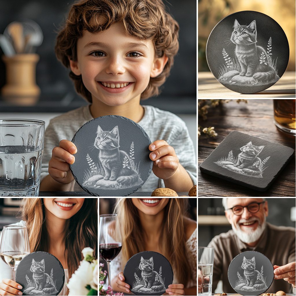 Cute Cat Slate Coaster Engraving Designs Bundle, Digital