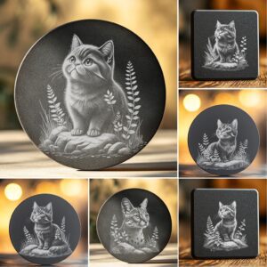 Cute Cat Slate Coaster Engraving Designs Bundle, Digital