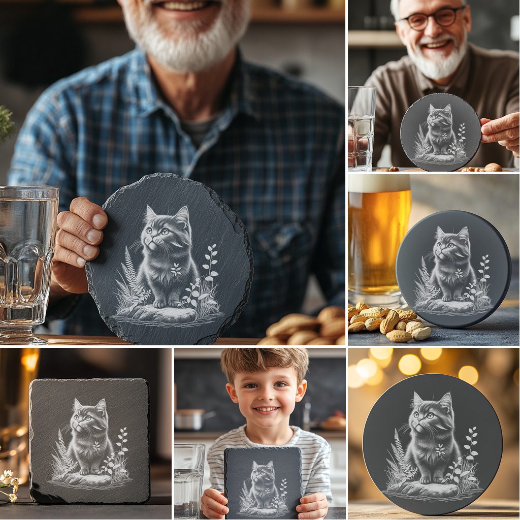 Cute Cat Slate Coaster Engraving Designs Bundle, Digital
