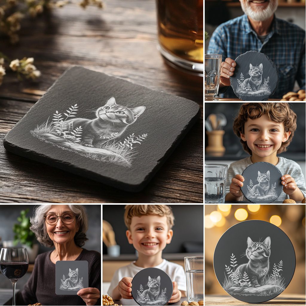 Cute Cat Slate Coaster Engraving Designs Bundle, Digital
