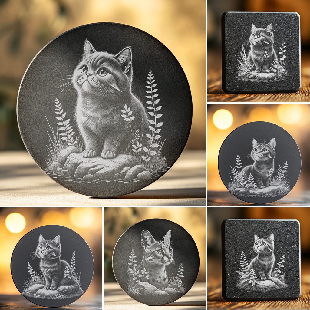 Cute Cat Slate Coaster Engraving Designs Bundle, Digital