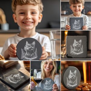 Cute Cat Slate Coaster Engraving Designs, Laser PNG,