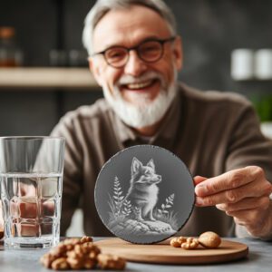Fox on Rock Slate Coaster Engraving Design, Rustic