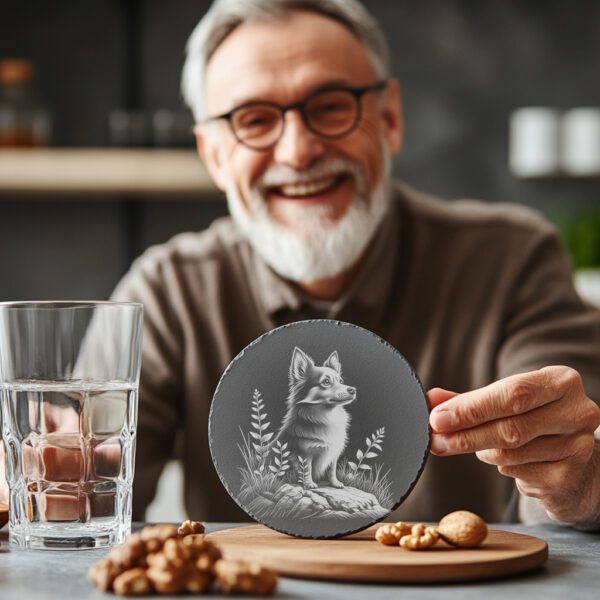Fox on Rock Slate Coaster Engraving Design, Rustic