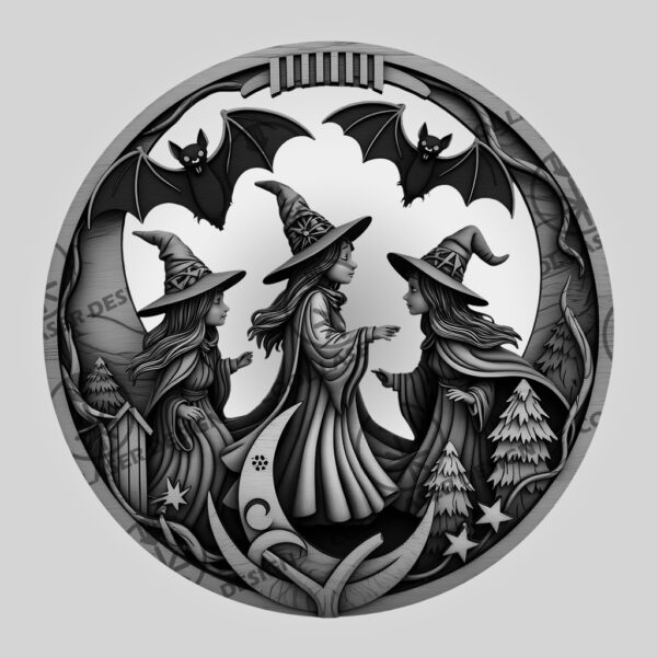 Halloween 3D Illusion Laser File, Witches Dancing, Bats,