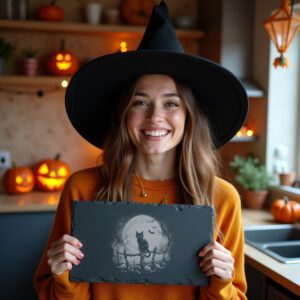 Halloween Black Cat Moon Laser Engraving File, Slate