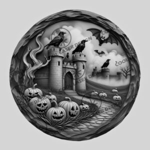 Halloween Crow Castle 3D Engraving File, Spooky Gothic
