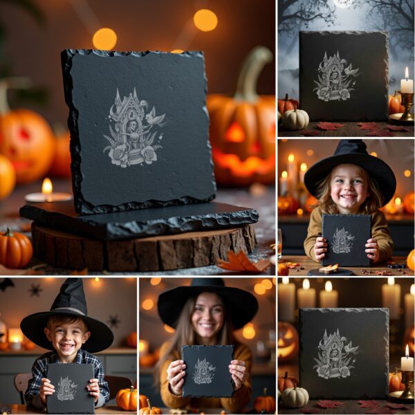 Halloween Engraving File Bundle, Spooky Slate Coaster PNG