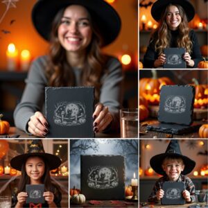Halloween Engraving File Bundle, Spooky Slate Coaster PNG