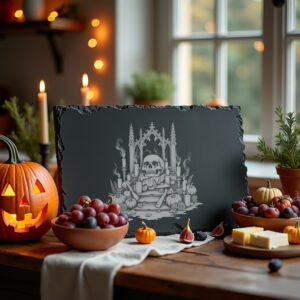 Halloween Grim Skull Slate Cheese Board, Laser Engraving