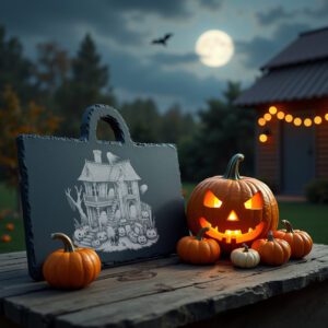 Halloween Laser Engraved Haunted Dollhouse Cheese Slate, Charcuterie