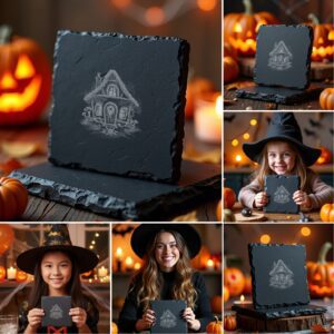 Halloween Laser Engraving Bundle, 6 Spooky Slate Coaster