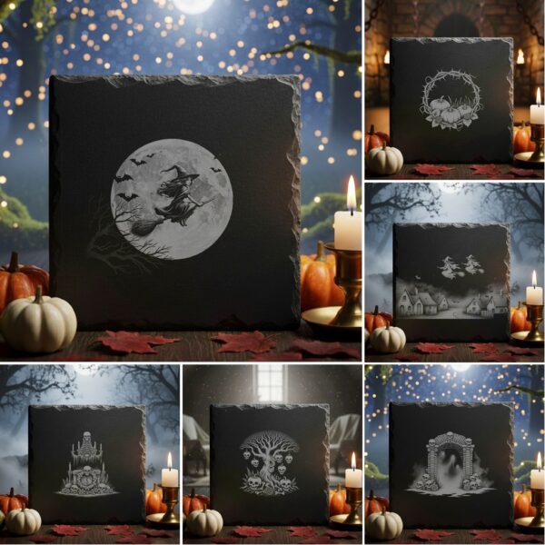 Halloween Laser Engraving File Bundle, Spooky Slate Coaster