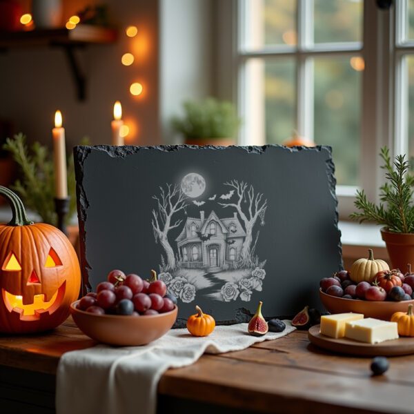 Halloween Laser Engraving File, Haunted House Slate Cheese