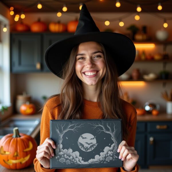 Halloween Laser Engraving File, Moonlit Bat Swarm Slate
