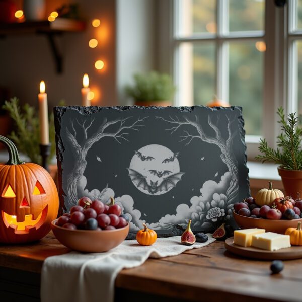 Halloween Laser Engraving File, Moonlit Bat Swarm Slate