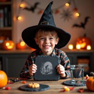 Halloween Laser Engraving File, Slate Coaster Design, Black