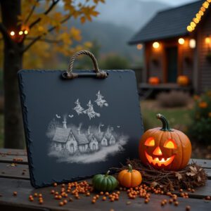 Halloween Laser Engraving File, Witches Village Slate Cheese