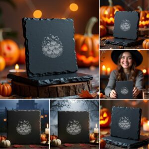 Halloween Laser Engraving PNG Bundle, Spooky Slate Coaster