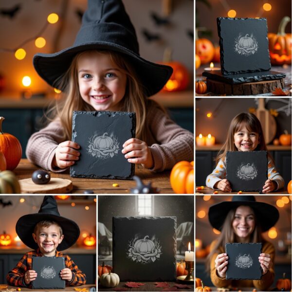 Halloween Laser Engraving PNG Bundle, Spooky Slate Coaster