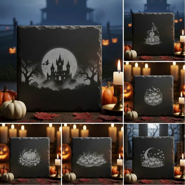Halloween Laser Engraving PNG Bundle, Spooky Slate Coaster