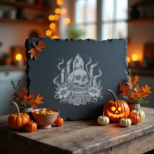 Halloween Slate Cheese Board, Crystal Skull Engraving, Witchy