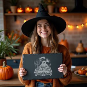 Halloween Slate Cheese Board, Haunted Tarot Engraving, Spooky