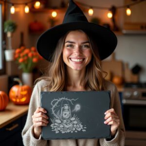 Halloween Slate Cheese Board, Laser-Ready Lantern Design, Spooky