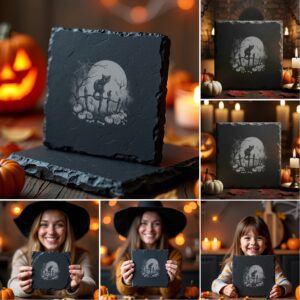 Halloween Slate Coaster Engraving Designs, 6 Spooky PNG