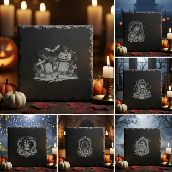 Halloween Slate Coaster Engraving File Bundle, Spooky Design