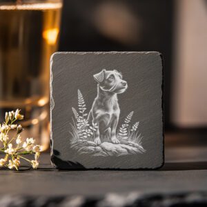 Seated Dog Slate Coaster Engraving PNG, Pet Silhouette