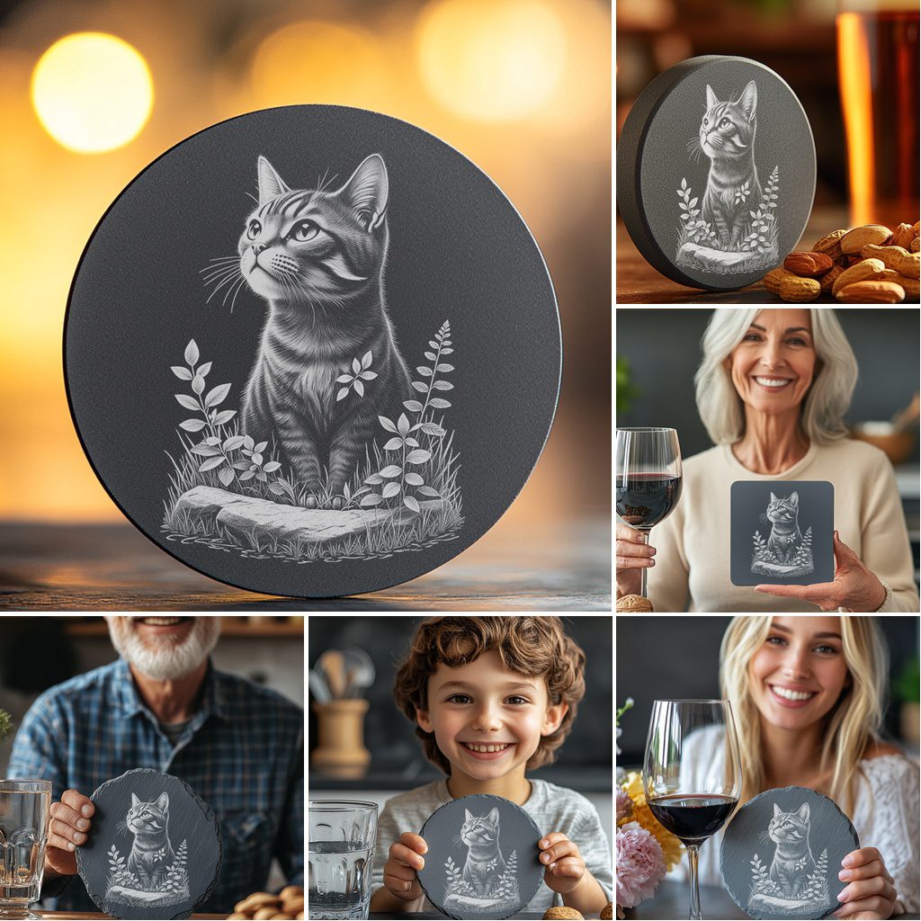 Slate Coaster Engraving Bundle, Cute Cat PNG, DIY