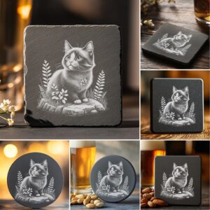 Slate Coaster Engraving Bundle, Cute Cat PNG, DIY
