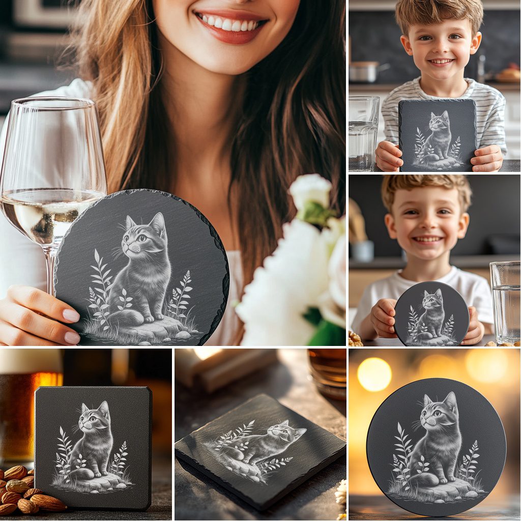 Slate Coaster Engraving Bundle, Cute Cat PNG, DIY