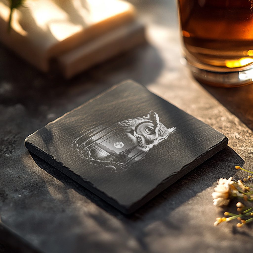 Slate Coaster Engraving File, Mystical Owl, Rustic Nature