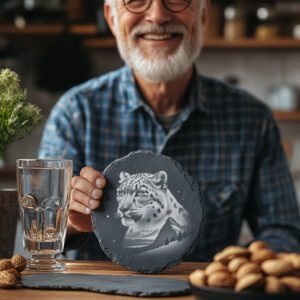 Slate Coaster Laser Engraving Wild Snow Leopard PNG,