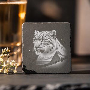 Slate Coaster Laser Engraving Wild Snow Leopard PNG,
