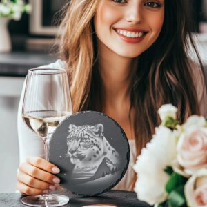 Slate Coaster Laser Engraving Wild Snow Leopard PNG,