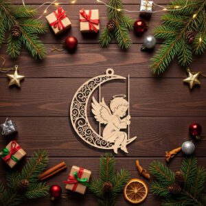 Angel Moon Ornament, Christmas Angel Silhouette, Laser Engraved