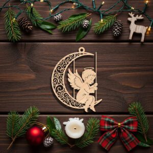 Angel Moon Ornament, Christmas Angel Silhouette, Laser Engraved