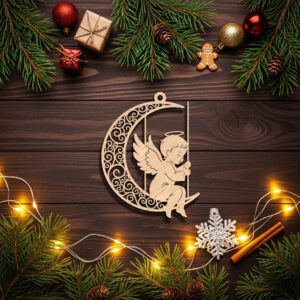 Angel Moon Ornament, Christmas Angel Silhouette, Laser Engraved