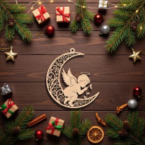 Angel Moon Ornament File, Laser Engraved Christmas Decor,