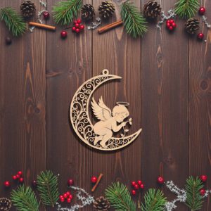 Angel Moon Ornament File, Laser Engraved Christmas Decor,