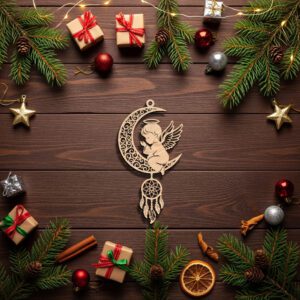 Angel Moon Ornament, Laser Engraved Celestial Christmas Decor